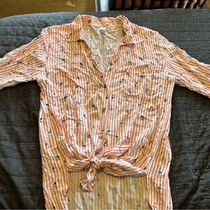 Novel Tie-front top Coral/White Stripe With blue herons size M (see description)